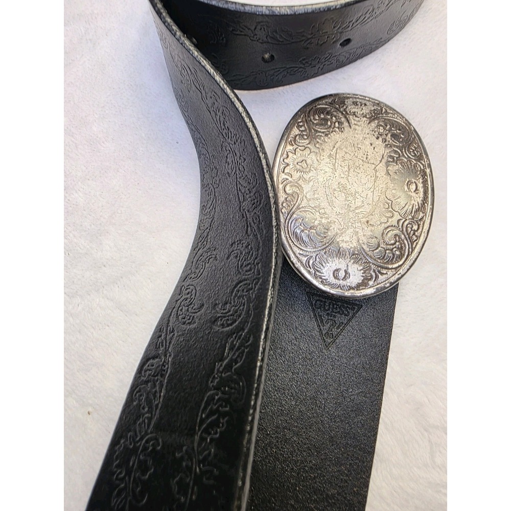 Coastal Cowgirl Boho Chic GUESS Black Genuine Italian Leather Tooled Belt Small